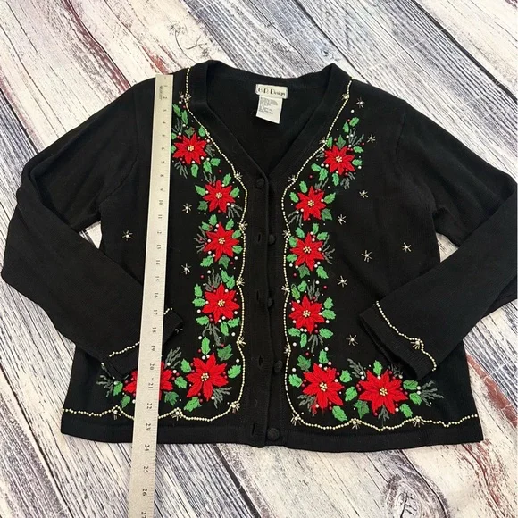 Vintage Christmas Beaded Black Cardigan with Red Floral Embroidery - Picture 8 of 8